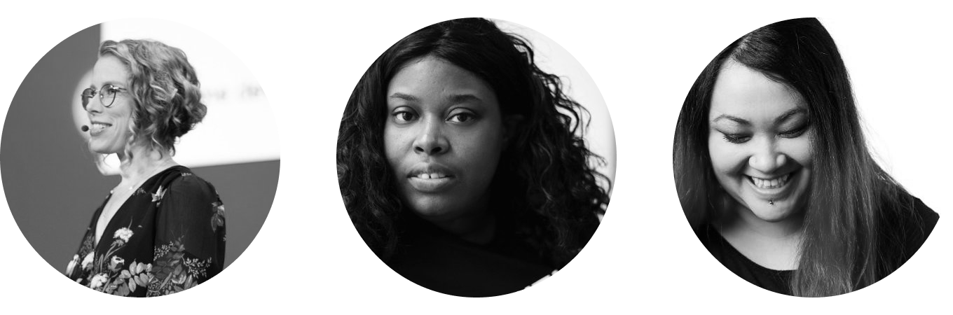 Portrait photographs of three women influential in design systems and web development: Nicole Sullivan, Mina Markham, and Jina Anne.