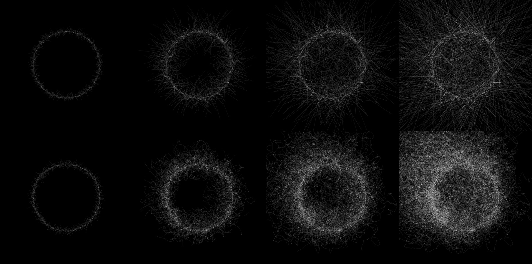 A generative art piece with two rows of four frames. Both rows feature a series of 1,000 points arranged around a circle. In each frame, the points move to a new location. In the top row, the points move linearly. In the bottom row, the points move in a random direction.