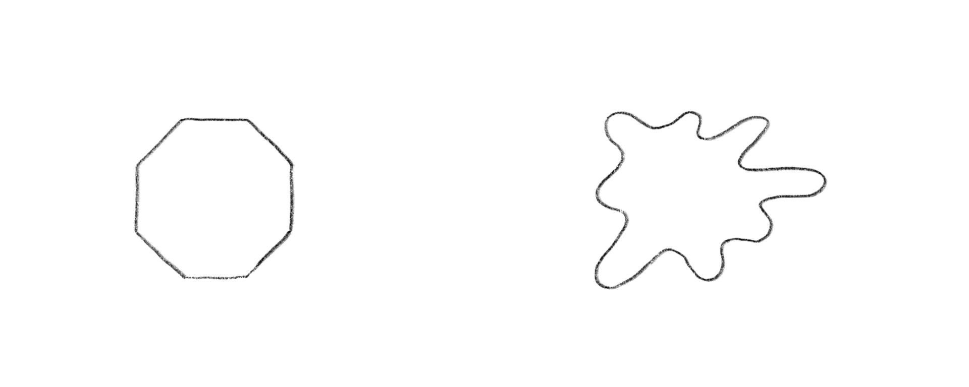 An illustration contrasting two shapes: a hexagon with rigid sides, and an amoeba-like organic shape.